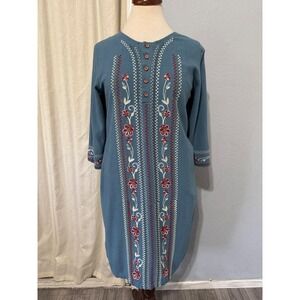 Hidden Alley Blue Linen Blend Dress Size S Floral Embroidered Henley Shift Boho